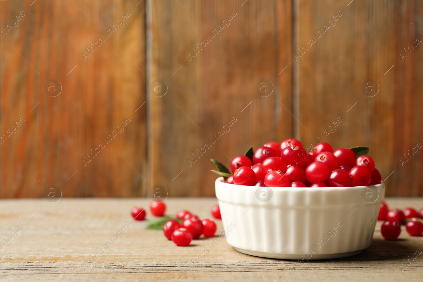 Photo of Tasty ripe cranberries on wooden table, closeup. Space for text