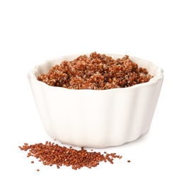 Photo of View of cooked red quinoa in bowl isolated on white