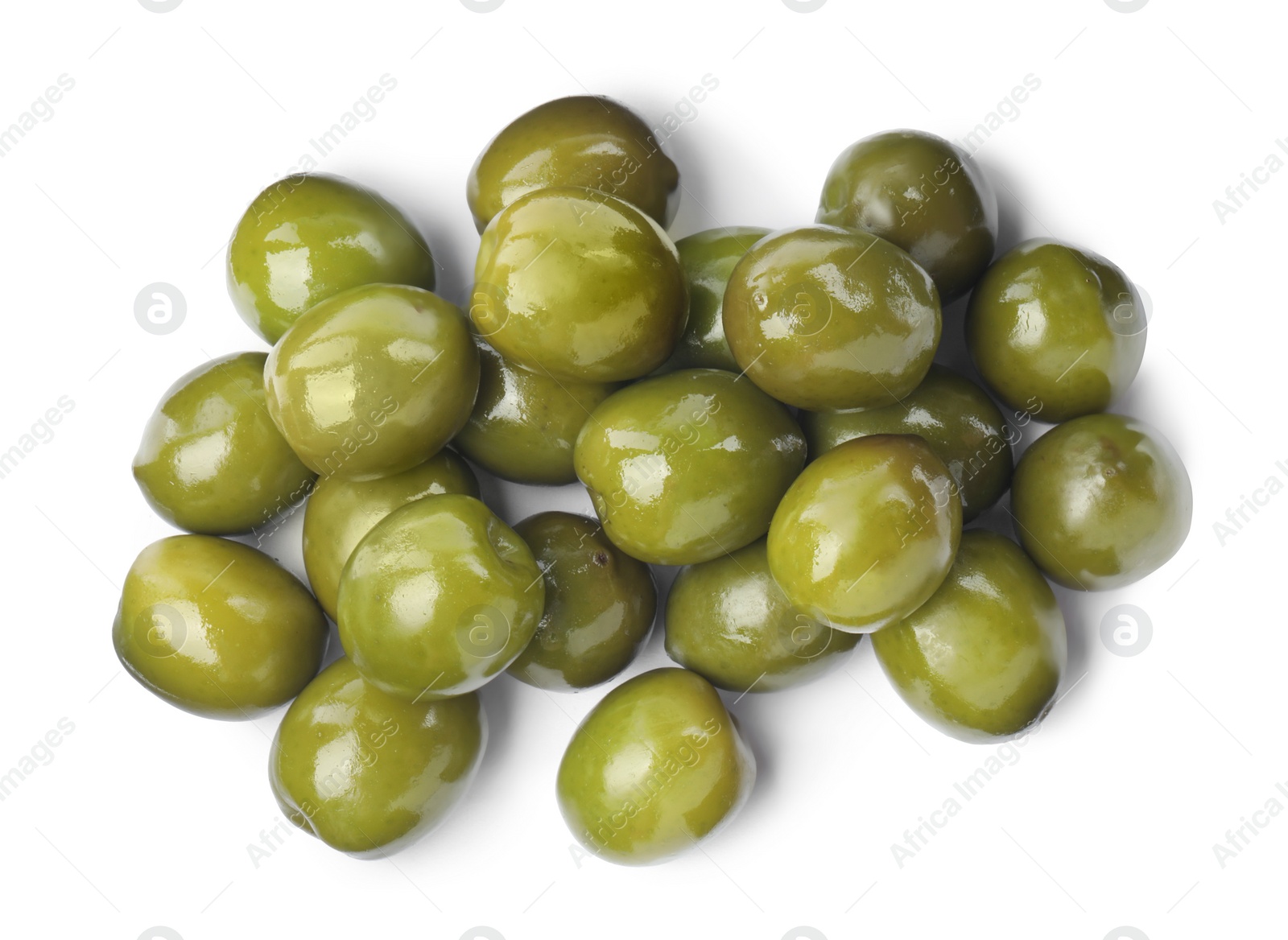 Photo of Many fresh green olives on white background, top view