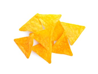 Tasty tortilla chips (nachos) on white background, top view