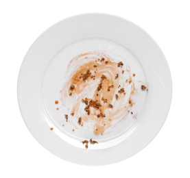 Photo of Dirty plate with smeared sauce on white background, top view