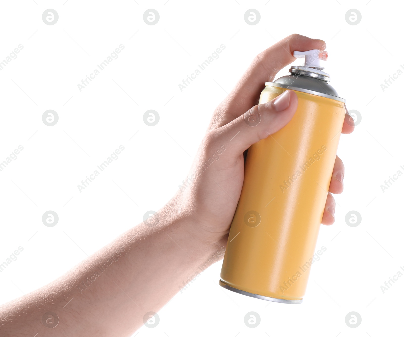 Photo of Man with can of spray paint on white background, closeup