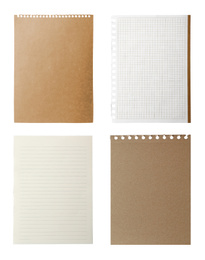 Image of Set of different notebook papers on white background