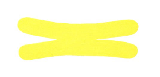 Yellow kinesio tape piece on white background, top view