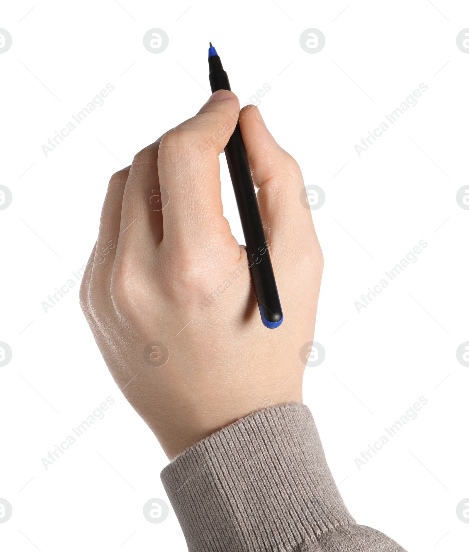 Photo of Man holding pen on white background, closeup of hand