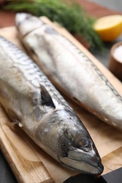 Photo of Two tasty salted mackerels on table, closeup