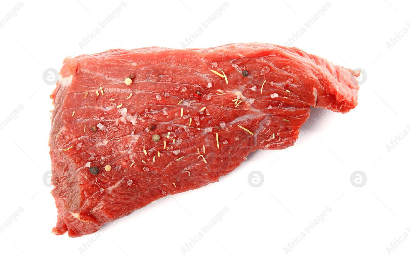 Photo of Fresh raw beef cut with spices isolated on white, top view