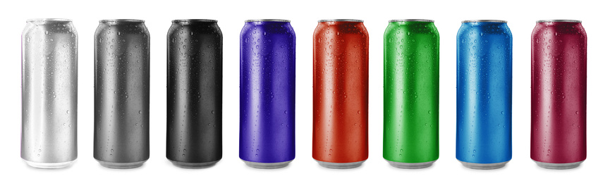 Image of Set with aluminium drink cans in different colors on white background. Banner design