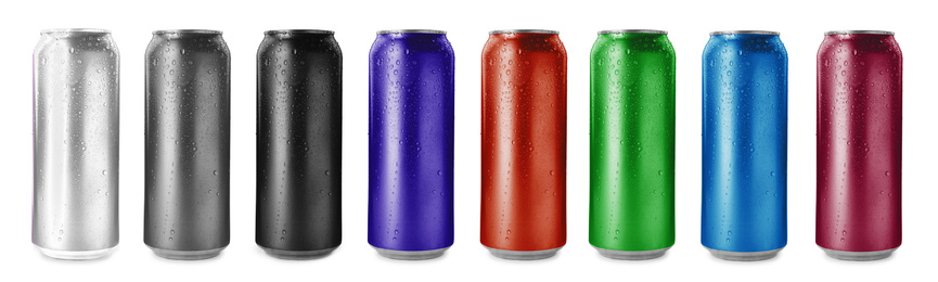 Set with aluminium drink cans in different colors on white background. Banner design