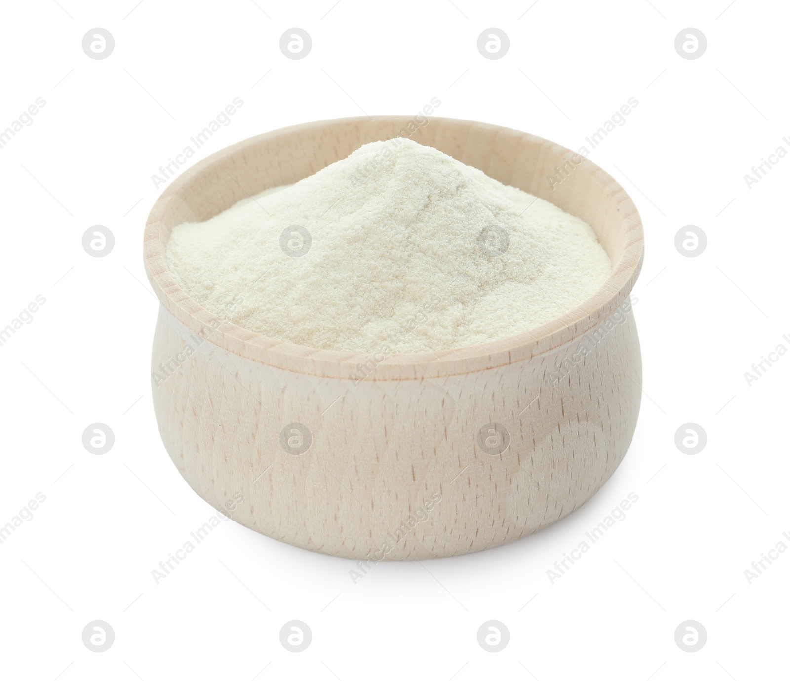 Photo of Wooden bowl of agar-agar powder isolated on white