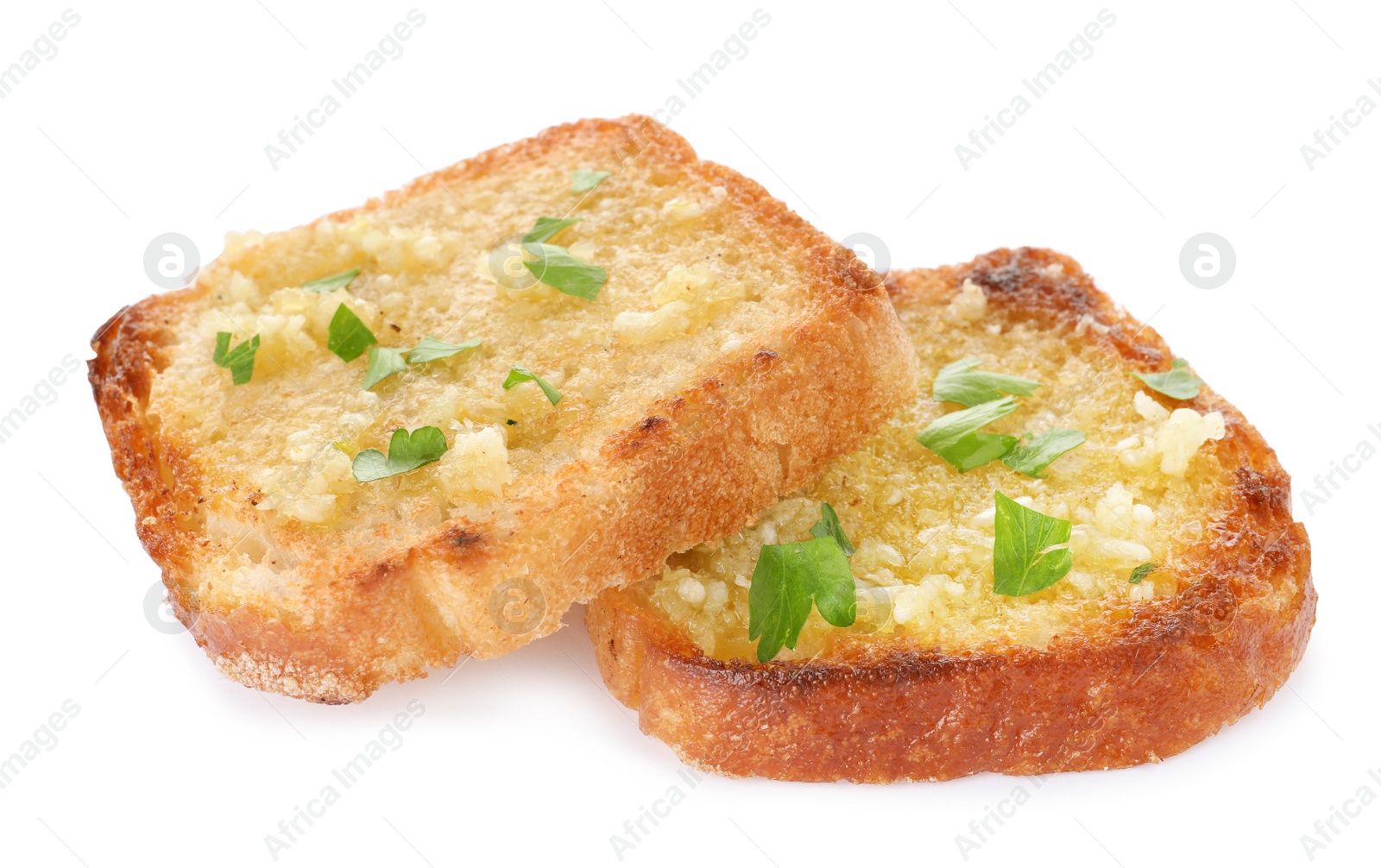 Photo of Slices of toasted bread with garlic and herb on white background