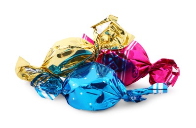 Photo of Sweet candies in colorful wrappers on white background