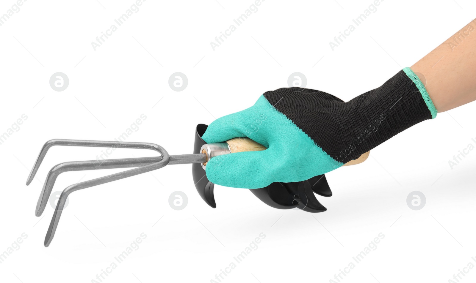 Photo of Woman in claw gardening glove holding rake on white background, closeup