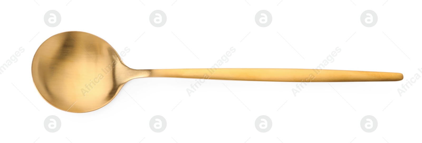 Photo of One shiny golden spoon isolated on white, top view