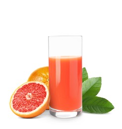 Image of Glass of grapefruit juice, fresh fruits and green leaves on white background