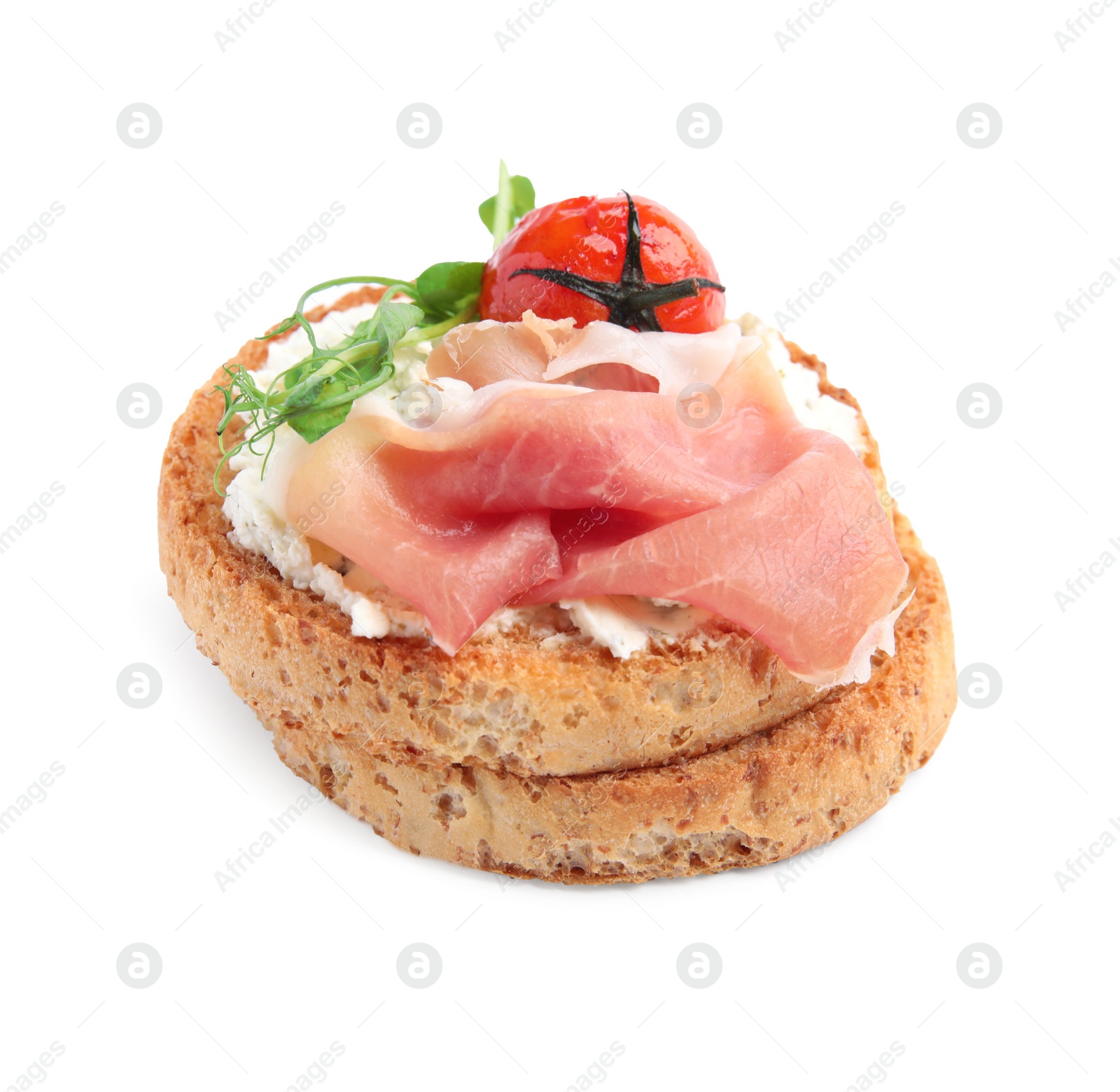 Photo of Tasty rusk with prosciutto, cream cheese and tomato on white background