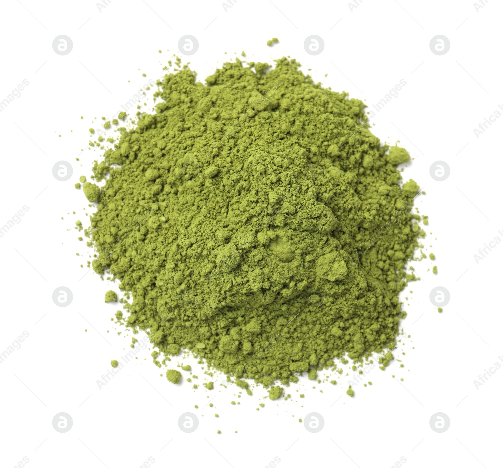 Photo of Pile of green matcha powder isolated on white, top view