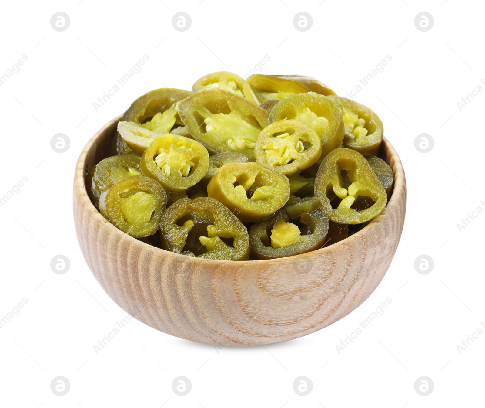 Photo of Slices of pickled green jalapenos in wooden bowl isolated on white