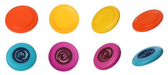 Image of Set of colorful frisbees on white background
