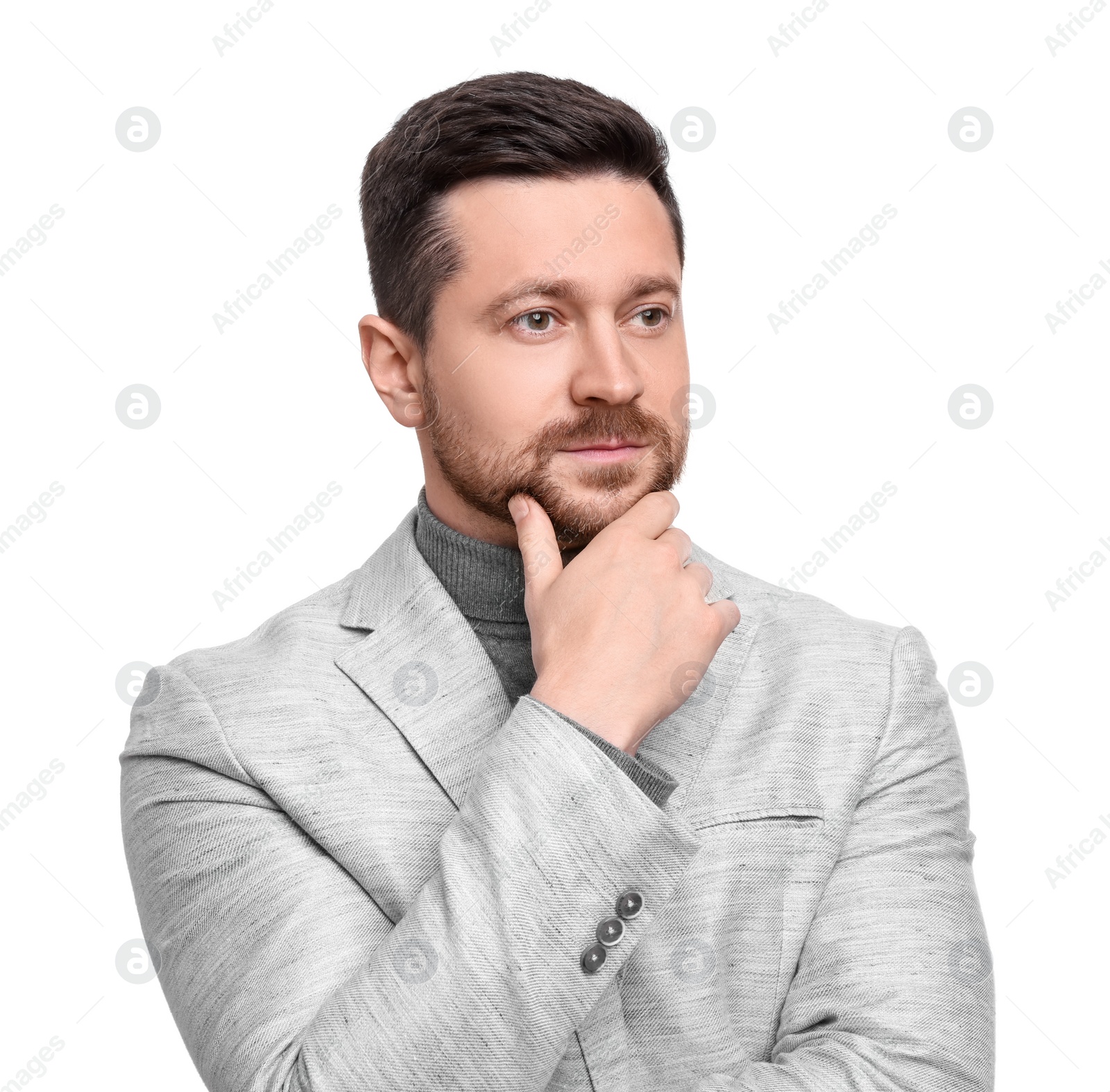 Photo of Handsome bearded businessman in suit on white background