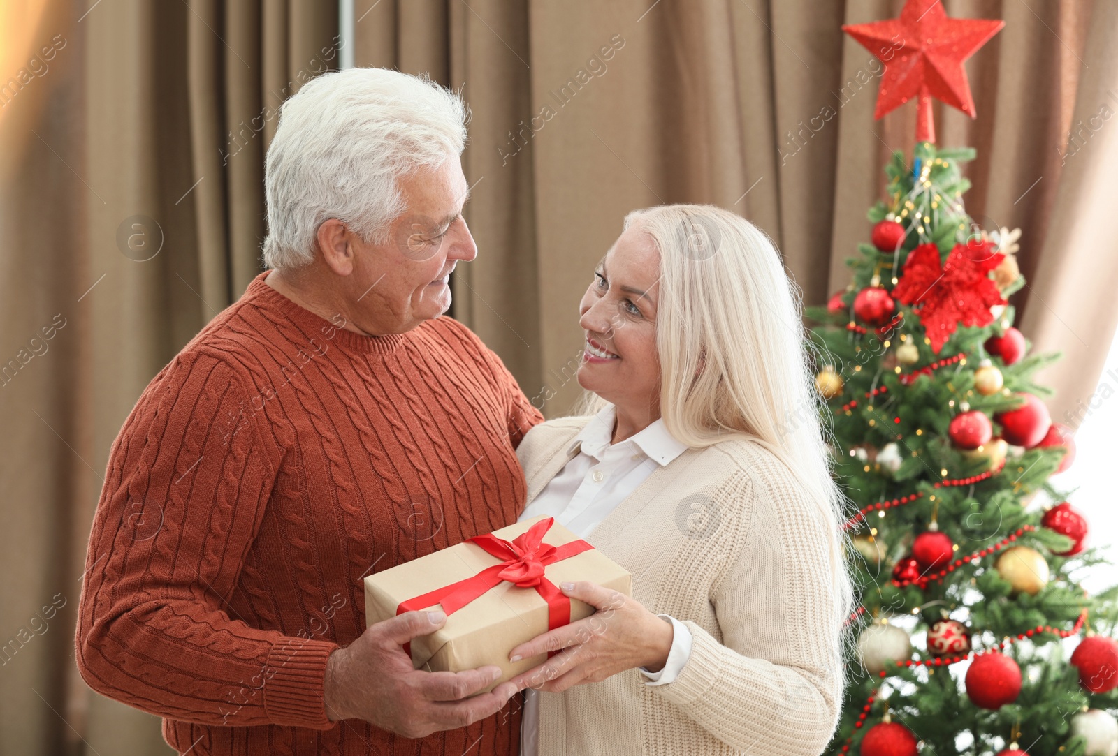 Photo of Happy mature couple with gift box at home. Christmas celebration