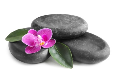 Photo of Pile of spa stones and orchid flowers on white background