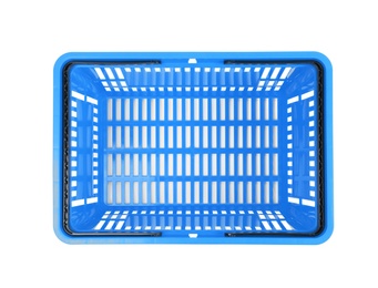 Plastic shopping basket on white background, top view