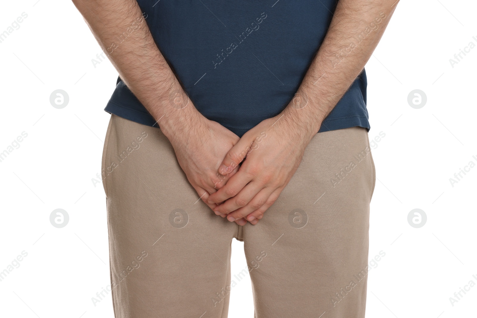 Photo of Man suffering from herpes genital on white background, closeup