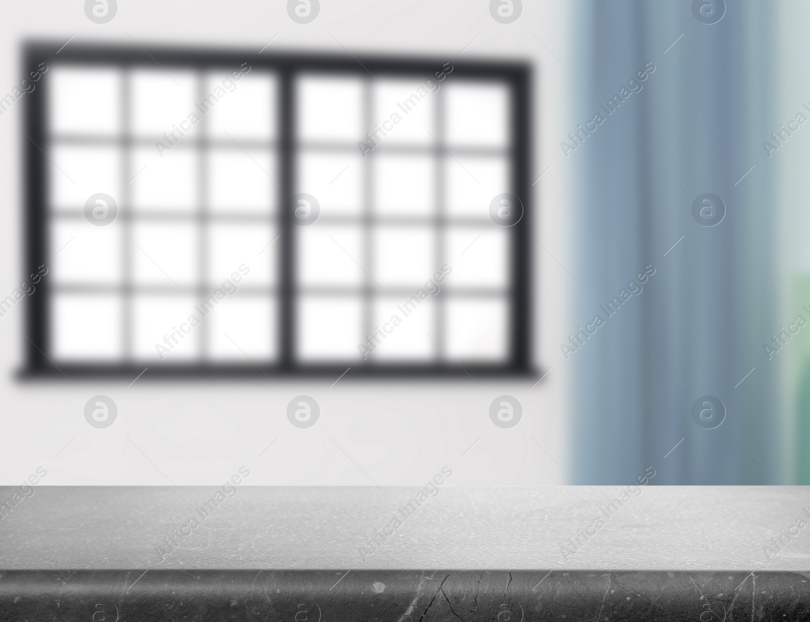 Image of Empty grey stone surface and blurred view of modern window 