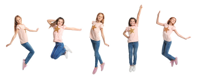 Image of Collage of jumping school girls on white background. Banner design