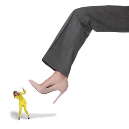 Image of Giant stepping onto small woman on white background