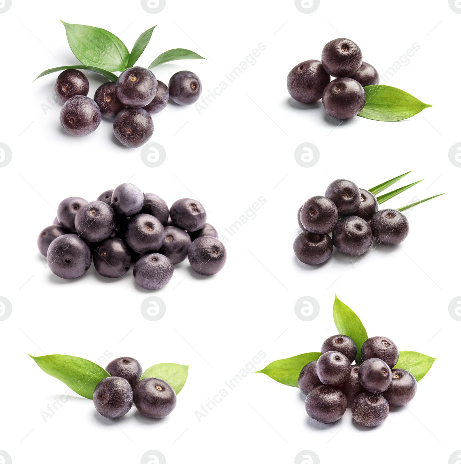Image of Set of fresh acai berries on white background