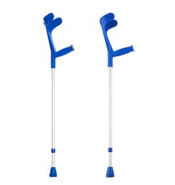 Two elbow crutches on white background, collage