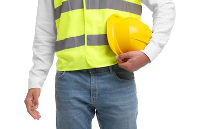 Photo of Engineer with hard hat on white background, closeup