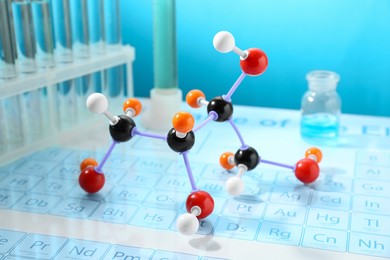 Photo of Molecular model and laboratory glassware on periodic table against light blue background