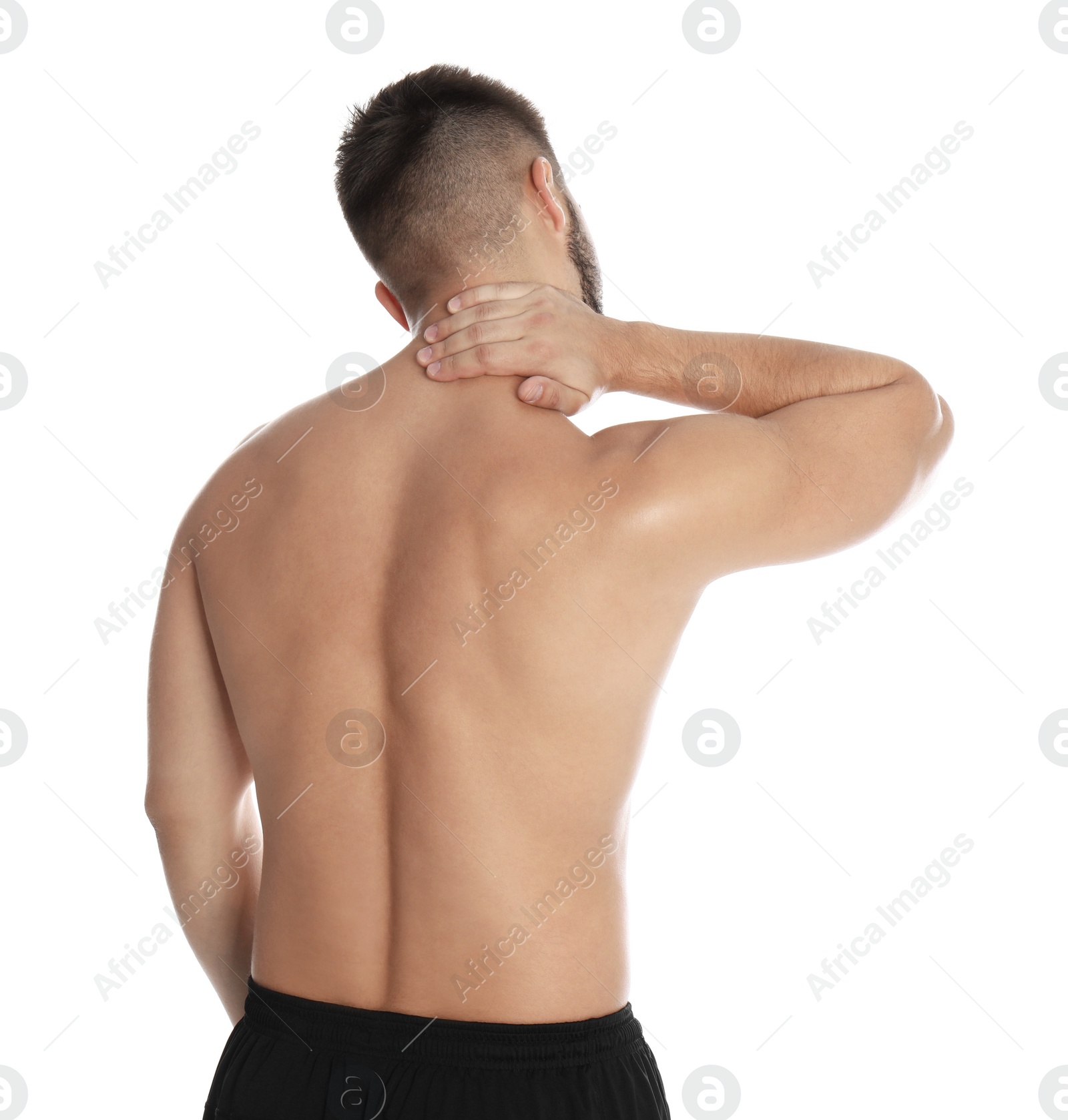 Photo of Man suffering from neck pain on white background