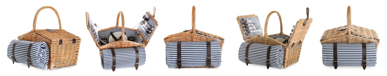 Image of Set of wicker baskets with picnic essentials and blanket on white background. Banner design