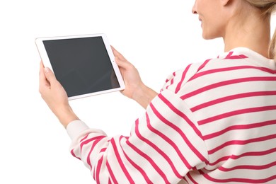 Photo of Woman holding tablet with blank screen on white background, closeup. Mockup for design