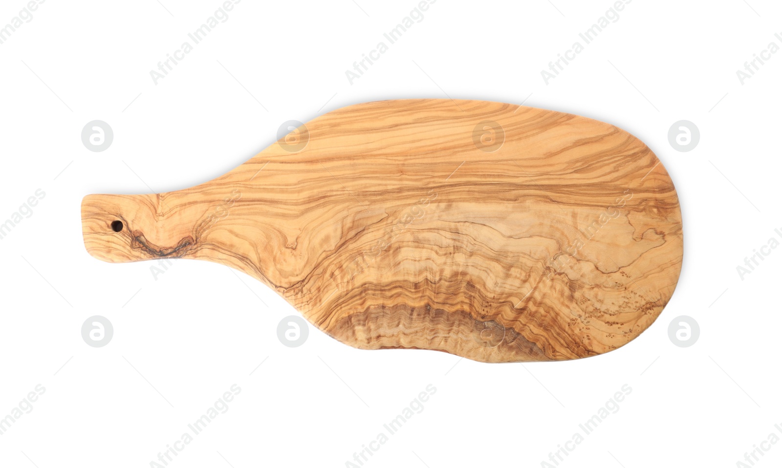 Photo of New wooden cutting board isolated on white, top view