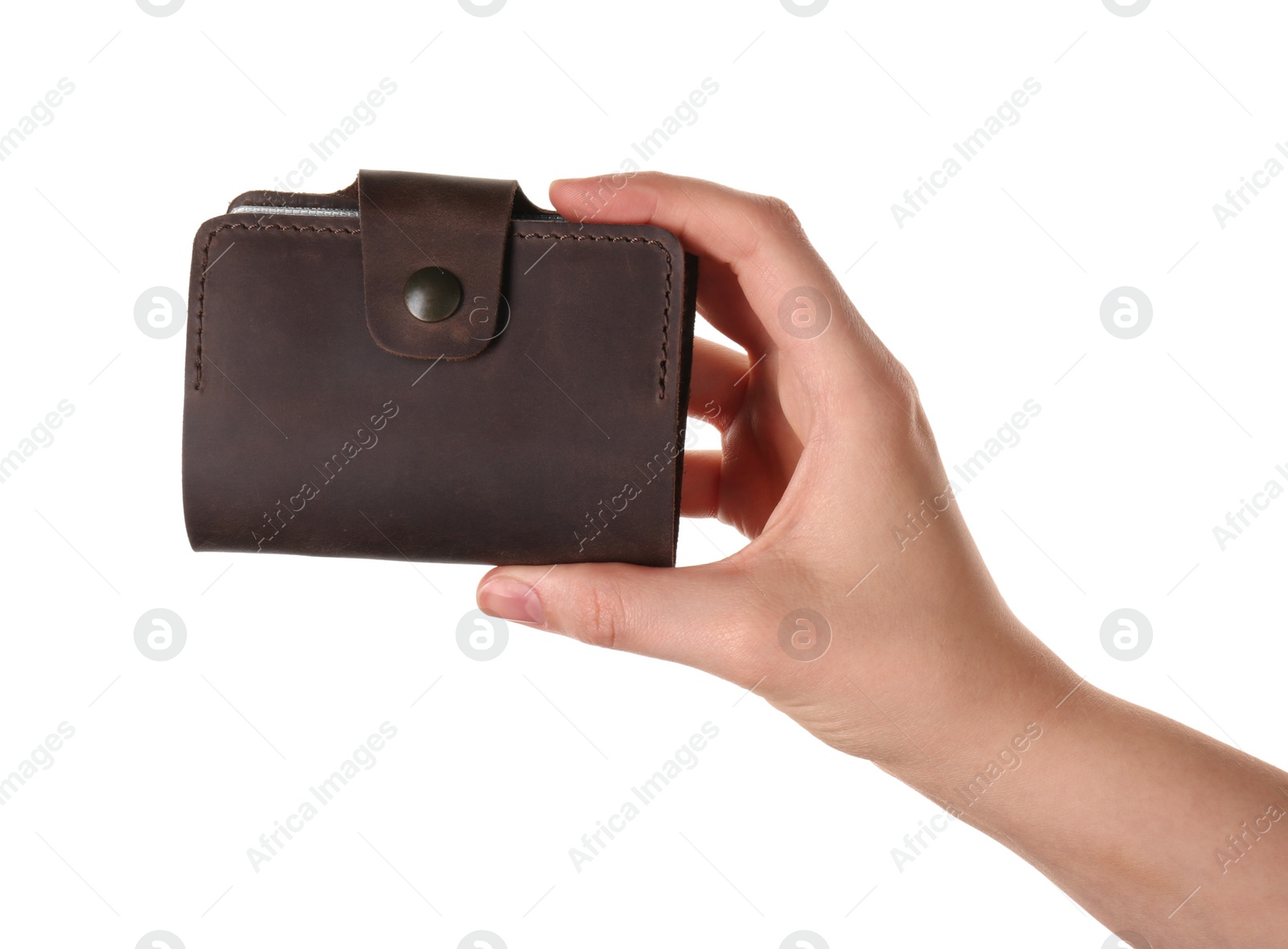 Photo of Woman holding leather business card holder on white background, closeup