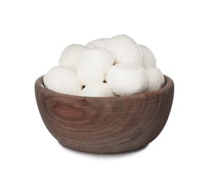 Photo of Wooden bowl with mozzarella cheese balls on white background