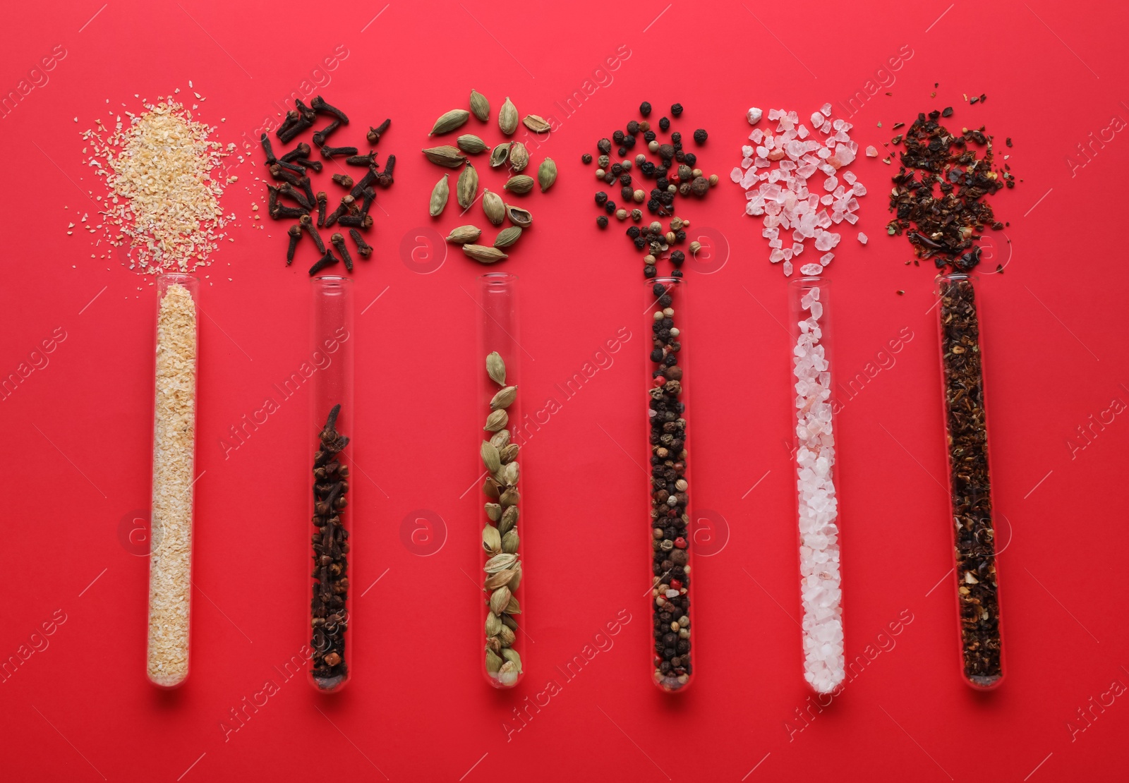 Photo of Glass tubes with different spices on red background, flat lay