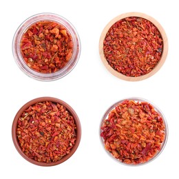 Image of Aromatic spices. Red chili pepper flakes in bowls and glass jar on white background, set