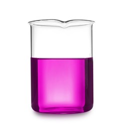 Image of Beaker with violet liquid isolated on white. Laboratory glassware