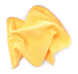 Photo of Orange microfiber cloth isolated on white, top view