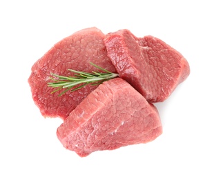 Photo of Raw meat with rosemary on white background, top view