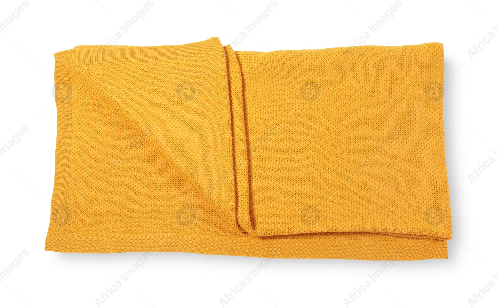 Photo of Beautiful yellow knitted blanket isolated on white, top view