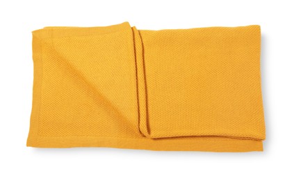 Photo of Beautiful yellow knitted blanket isolated on white, top view