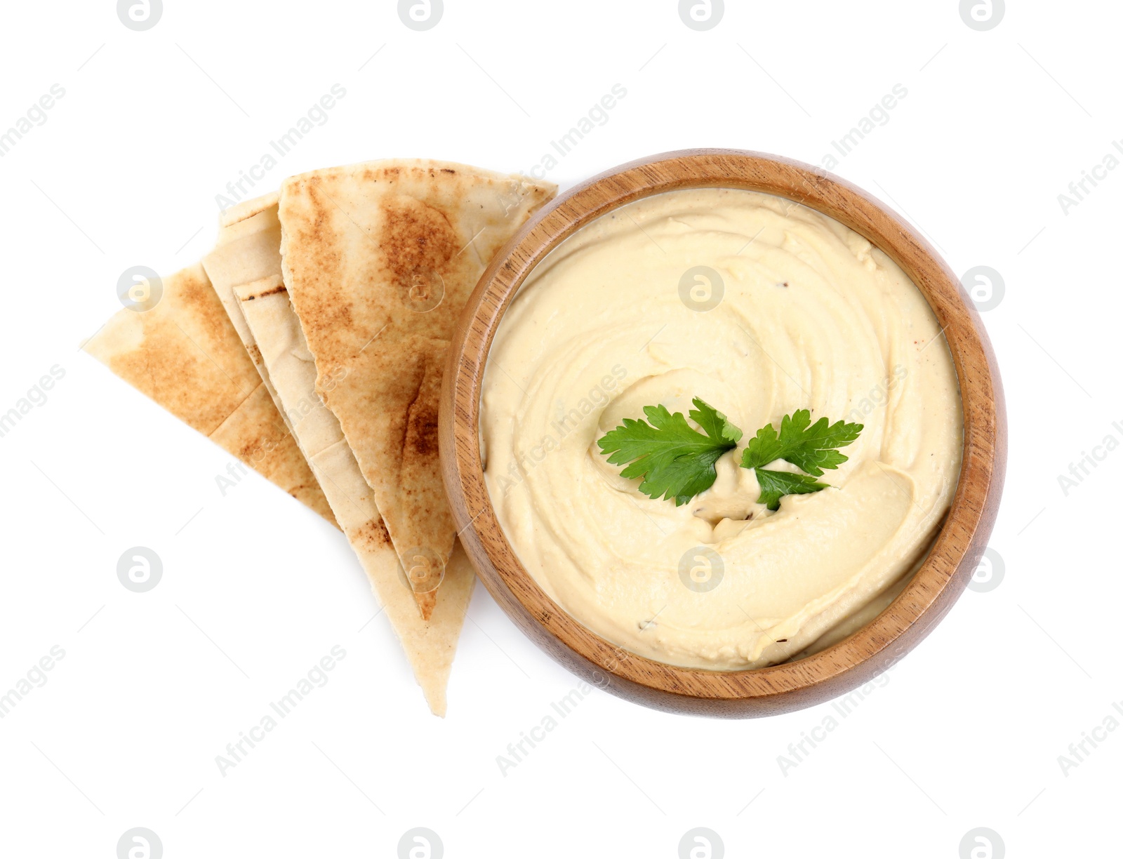 Photo of Delicious hummus with pita chips and parsley on white background, top view