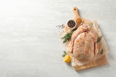 Photo of Board with raw spiced turkey and ingredients on light background, top view. Space for text